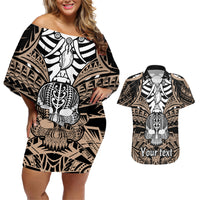 Personalised Polynesia Skull Couples Matching Off Shoulder Short Dress and Hawaiian Shirt With Boars Tusk Gold Arty Vibe LT9 - Wonder Print Shop
