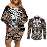 Personalised Polynesia Skull Couples Matching Off Shoulder Short Dress and Long Sleeve Button Shirts With Boars Tusk Gold Arty Vibe LT9 - Wonder Print Shop