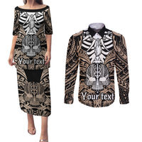 Personalised Polynesia Skull Couples Matching Puletasi Dress and Long Sleeve Button Shirts With Boars Tusk Gold Arty Vibe LT9 - Wonder Print Shop
