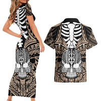 Personalised Polynesia Skull Couples Matching Short Sleeve Bodycon Dress and Hawaiian Shirt With Boars Tusk Gold Arty Vibe LT9 - Wonder Print Shop