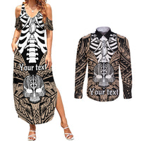 Personalised Polynesia Skull Couples Matching Summer Maxi Dress and Long Sleeve Button Shirts With Boars Tusk Gold Arty Vibe LT9 - Wonder Print Shop