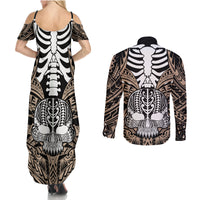 Personalised Polynesia Skull Couples Matching Summer Maxi Dress and Long Sleeve Button Shirts With Boars Tusk Gold Arty Vibe LT9 - Wonder Print Shop