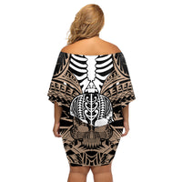Personalised Polynesia Skull Family Matching Off Shoulder Short Dress and Hawaiian Shirt With Boars Tusk Gold Arty Vibe LT9 - Wonder Print Shop