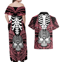 Personalised Polynesia Skull Couples Matching Off Shoulder Maxi Dress and Hawaiian Shirt With Boars Tusk Pink Arty Vibe LT9 - Wonder Print Shop