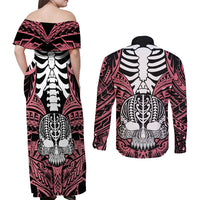Personalised Polynesia Skull Couples Matching Off Shoulder Maxi Dress and Long Sleeve Button Shirts With Boars Tusk Pink Arty Vibe LT9 - Wonder Print Shop