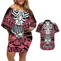 Personalised Polynesia Skull Couples Matching Off Shoulder Short Dress and Hawaiian Shirt With Boars Tusk Pink Arty Vibe LT9 - Wonder Print Shop