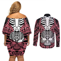 Personalised Polynesia Skull Couples Matching Off Shoulder Short Dress and Long Sleeve Button Shirts With Boars Tusk Pink Arty Vibe LT9 - Wonder Print Shop