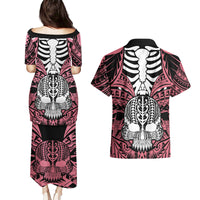 Personalised Polynesia Skull Couples Matching Puletasi Dress and Hawaiian Shirt With Boars Tusk Pink Arty Vibe LT9 - Wonder Print Shop