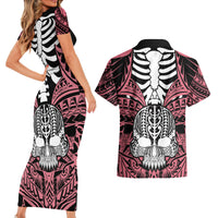 Personalised Polynesia Skull Couples Matching Short Sleeve Bodycon Dress and Hawaiian Shirt With Boars Tusk Pink Arty Vibe LT9 - Wonder Print Shop