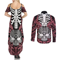 Personalised Polynesia Skull Couples Matching Summer Maxi Dress and Long Sleeve Button Shirts With Boars Tusk Pink Arty Vibe LT9 - Wonder Print Shop