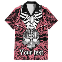 Pink Hawaiian shirt with black collar, skull graphic, and 'Your text' print