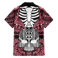 Pink Hawaiian shirt with black collar, ribcage skull and tribal-style pattern