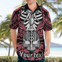 Pink Hawaiian shirt with black collar, skull front graphic and 'Your text' print