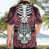 Pink Hawaiian shirt with black collar, large back ribcage skull print