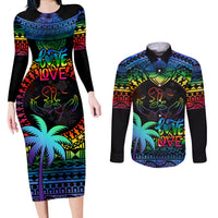 Fiji LGBT Couples Matching Long Sleeve Bodycon Dress and Long Sleeve Button Shirts Love Is Love Tapa Pattern Rainbow Water Color LT9 - Wonder Print Shop