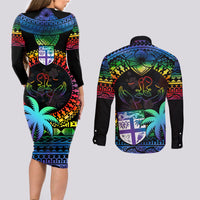 Fiji LGBT Couples Matching Long Sleeve Bodycon Dress and Long Sleeve Button Shirts Love Is Love Tapa Pattern Rainbow Water Color LT9 - Wonder Print Shop