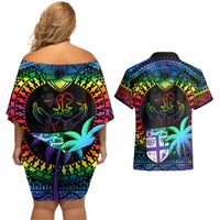 Fiji LGBT Couples Matching Off Shoulder Short Dress and Hawaiian Shirt Love Is Love Tapa Pattern Rainbow Water Color LT9 - Wonder Print Shop