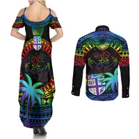 Fiji LGBT Couples Matching Summer Maxi Dress and Long Sleeve Button Shirts Love Is Love Tapa Pattern Rainbow Water Color LT9 - Wonder Print Shop