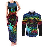 Fiji LGBT Couples Matching Tank Maxi Dress and Long Sleeve Button Shirts Love Is Love Tapa Pattern Rainbow Water Color LT9 - Wonder Print Shop