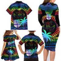 Fiji LGBT Family Matching Long Sleeve Bodycon Dress and Hawaiian Shirt Love Is Love Tapa Pattern Rainbow Water Color LT9 - Wonder Print Shop