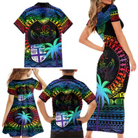 Fiji LGBT Family Matching Short Sleeve Bodycon Dress and Hawaiian Shirt Love Is Love Tapa Pattern Rainbow Water Color - Wonder Print Shop