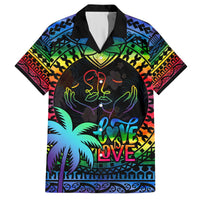 Black Hawaiian shirt with rainbow Love Is Love graphic and tropical tiki pattern