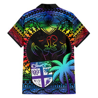 Black Hawaiian shirt back with rainbow Love Is Love hands and tiki crest pattern