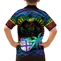 Black kids Hawaiian shirt back with rainbow crest, palm trees, and Love Is Love graphic