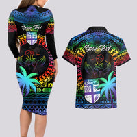 Personalised Fiji LGBT Couples Matching Long Sleeve Bodycon Dress and Hawaiian Shirt Love Is Love Tapa Pattern Rainbow Water Color LT9 - Wonder Print Shop
