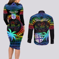 Personalised Fiji LGBT Couples Matching Long Sleeve Bodycon Dress and Long Sleeve Button Shirts Love Is Love Tapa Pattern Rainbow Water Color LT9 - Wonder Print Shop