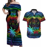 Personalised Fiji LGBT Couples Matching Off Shoulder Maxi Dress and Hawaiian Shirt Love Is Love Tapa Pattern Rainbow Water Color LT9 - Wonder Print Shop