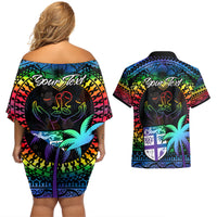 Personalised Fiji LGBT Couples Matching Off Shoulder Short Dress and Hawaiian Shirt Love Is Love Tapa Pattern Rainbow Water Color LT9 - Wonder Print Shop