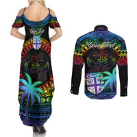 Personalised Fiji LGBT Couples Matching Summer Maxi Dress and Long Sleeve Button Shirts Love Is Love Tapa Pattern Rainbow Water Color LT9 - Wonder Print Shop
