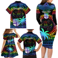 Personalised Fiji LGBT Family Matching Long Sleeve Bodycon Dress and Hawaiian Shirt Love Is Love Tapa Pattern Rainbow Water Color LT9 - Wonder Print Shop