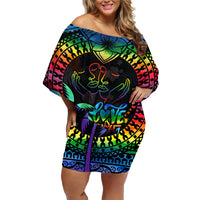 Personalised Fiji LGBT Family Matching Off Shoulder Short Dress and Hawaiian Shirt Love Is Love Tapa Pattern Rainbow Water Color LT9 - Wonder Print Shop