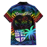 Personalised black Hawaiian shirt back with colorful tapa pattern, 'Your Text' script, palm tree print
