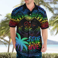 Personalised black Hawaiian shirt with rainbow palm trees and 'Love Is Love' graphic