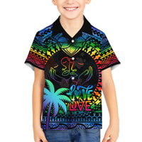 Personalised black Hawaiian shirt for kids with rainbow palm trees and 'Love Is Love' print
