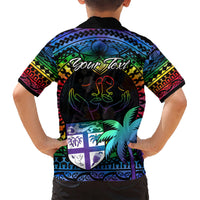 Personalised black Hawaiian shirt back with 'Your Text' script, shield motif and palm trees