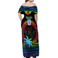 Personalised Fiji LGBT Off Shoulder Maxi Dress Love Is Love Tapa Pattern Rainbow Water Color - Wonder Print Shop