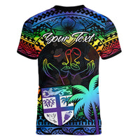 Personalised Fiji LGBT Women V Neck T Shirt Love Is Love Tapa Pattern Rainbow Water Color - Wonder Print Shop