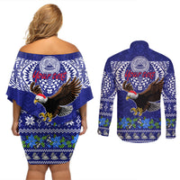 Personalised American Samoa Christmas Couples Matching Off Shoulder Short Dress and Long Sleeve Button Shirt Manuia le Kerisimasi Polynesian Tribal LT9 - Wonder Print Shop