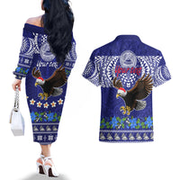 Personalised American Samoa Christmas Couples Matching Off The Shoulder Long Sleeve Dress and Hawaiian Shirt Manuia le Kerisimasi Polynesian Tribal LT9 - Wonder Print Shop