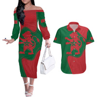 Morocco Proclamation Day With Flag Color Couples Matching Off The Shoulder Long Sleeve Dress and Hawaiian Shirt LT9 - Wonder Print Shop