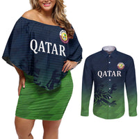 Custom Qatar Cricket Couples Matching Off Shoulder Short Dress and Long Sleeve Button Shirt Green Sporty Pattern LT9 - Wonder Print Shop