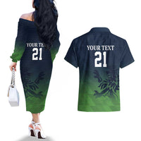 Custom Qatar Cricket Couples Matching Off The Shoulder Long Sleeve Dress and Hawaiian Shirt Green Sporty Pattern LT9 - Wonder Print Shop