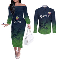 Custom Qatar Cricket Couples Matching Off The Shoulder Long Sleeve Dress and Long Sleeve Button Shirt Green Sporty Pattern
