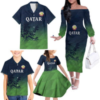 Custom Qatar Cricket Family Matching Off The Shoulder Long Sleeve Dress and Hawaiian Shirt Green Sporty Pattern - Wonder Print Shop
