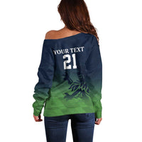 Custom Qatar Cricket Off Shoulder Sweater Green Sporty Pattern - Wonder Print Shop