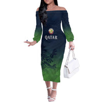 Custom Qatar Cricket Off The Shoulder Long Sleeve Dress Green Sporty Pattern - Wonder Print Shop